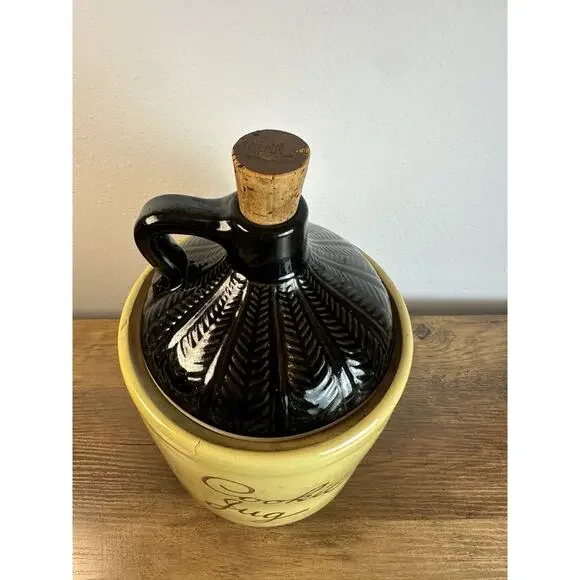 Vintage Stoneware Cookie Jug Crock Yellow Black Pottery w/ Cork Lid